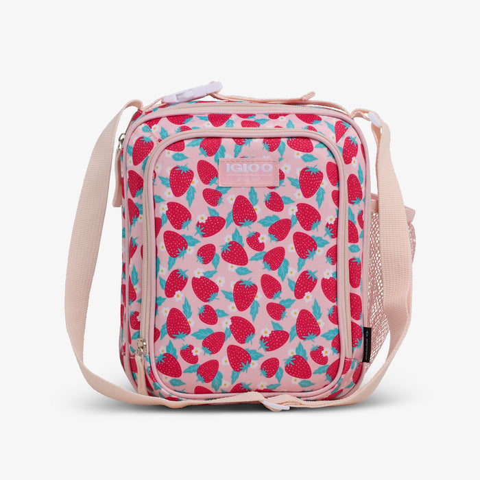 Front View | Kids Lunch Vertical Cooler + Bento Box::Strawberries::Water-resistant exterior