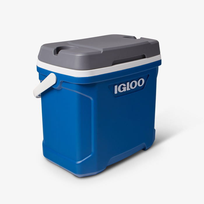Angle View | Latitude 30 Qt Cooler::Blue::Design fits tall bottles upright