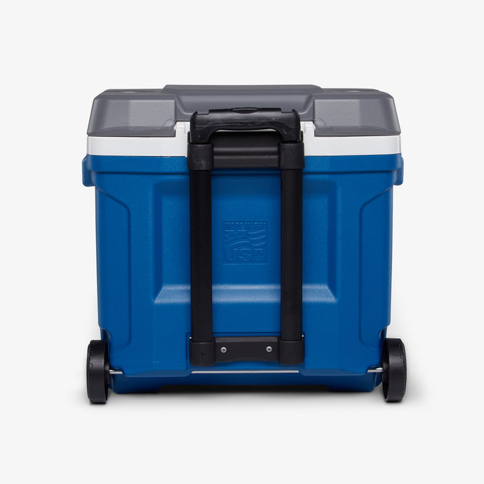 Back View | Latitude 30 Qt Roller Cooler::Blue::Sturdy wheels