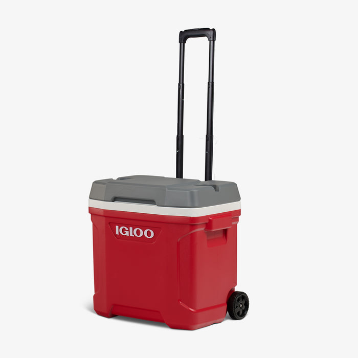Angle View | Latitude 30 Qt Roller Cooler::Red::Cup holders