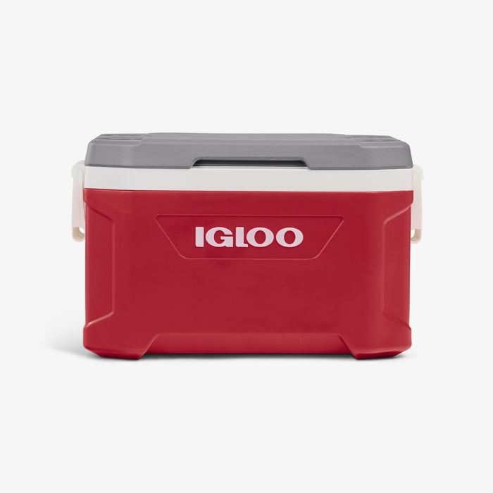 Front View | Latitude 52 Qt Cooler::Red::Swing-up side handles