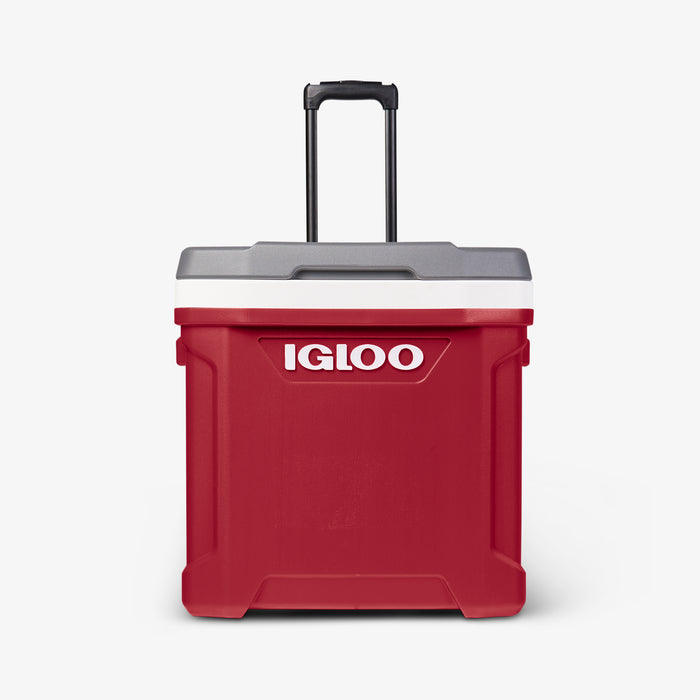 Front View | Latitude 60 Qt Roller Cooler::Red::Locking/telescoping handle