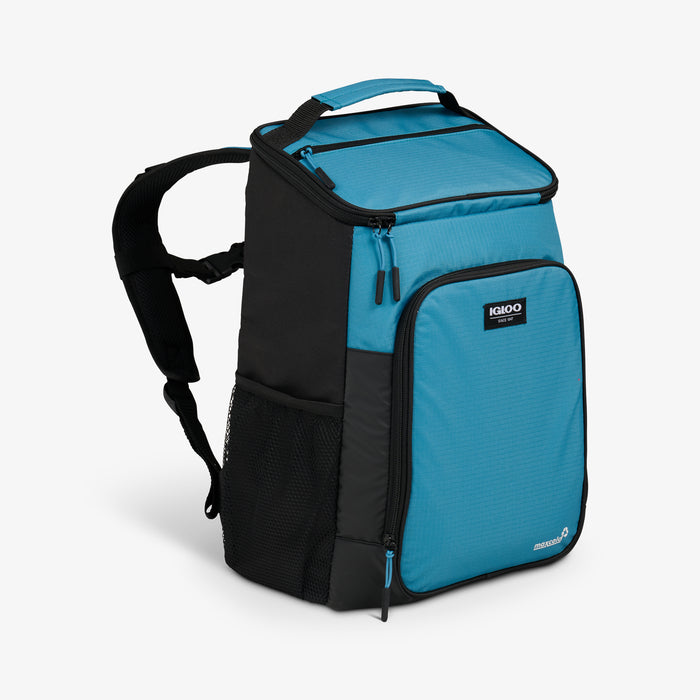 Angle View | Latitude Top Grip 24-Can Backpack::Modern Blue::Drinkware side pocket