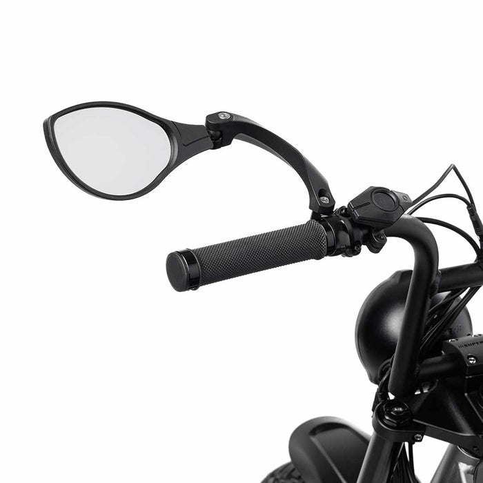 Close-up view of the BiKASE left-hand handlebar mirror shown installed on a SUPER73-S2 ebike