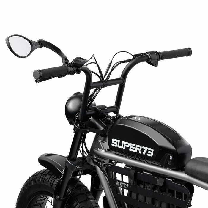 Far-out view of the BiKASE left-hand handlebar mirror installed on a SUPER73-S2 ebike