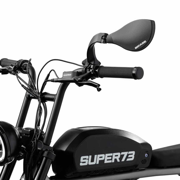 Back view of the BiKASE left-hand handlebar mirror installed on a SUPER73-S2 ebike