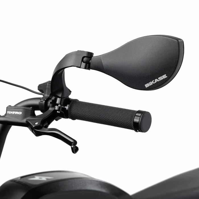 Close-up of the back of a BiKASE left-hand handlebar mirror, installed on a SUPER73-S2 ebike