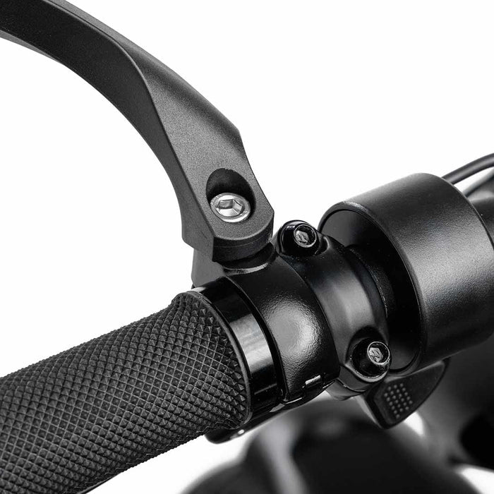 Close-up of the hardware and installation point of the BiKASE left-hand handlebar mirror