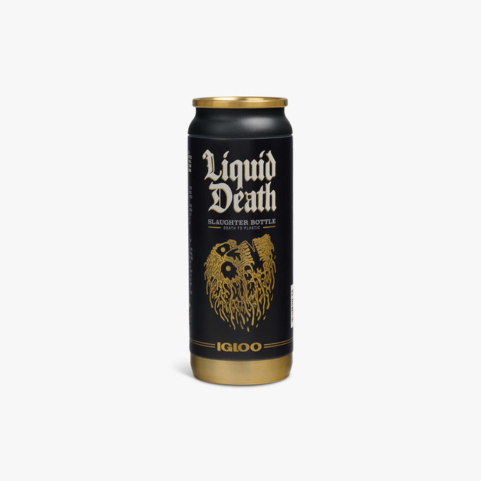Front View | Liquid Death 16 Oz Slaughter Bottle::Black::Gold metallic artwork