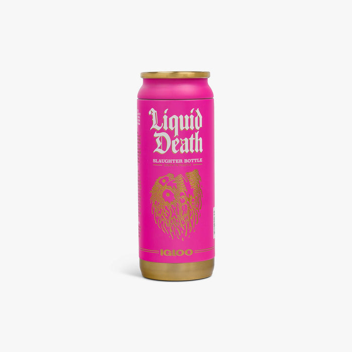 Front View | Liquid Death 16 Oz Slaughter Bottle::Pink::Gold metallic artwork