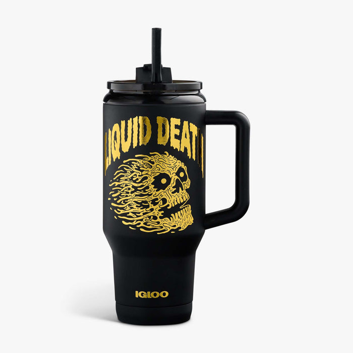 Front View | Liquid Death 32 Oz Cold-Blooded Travel Mug::::Gold metallic artwork