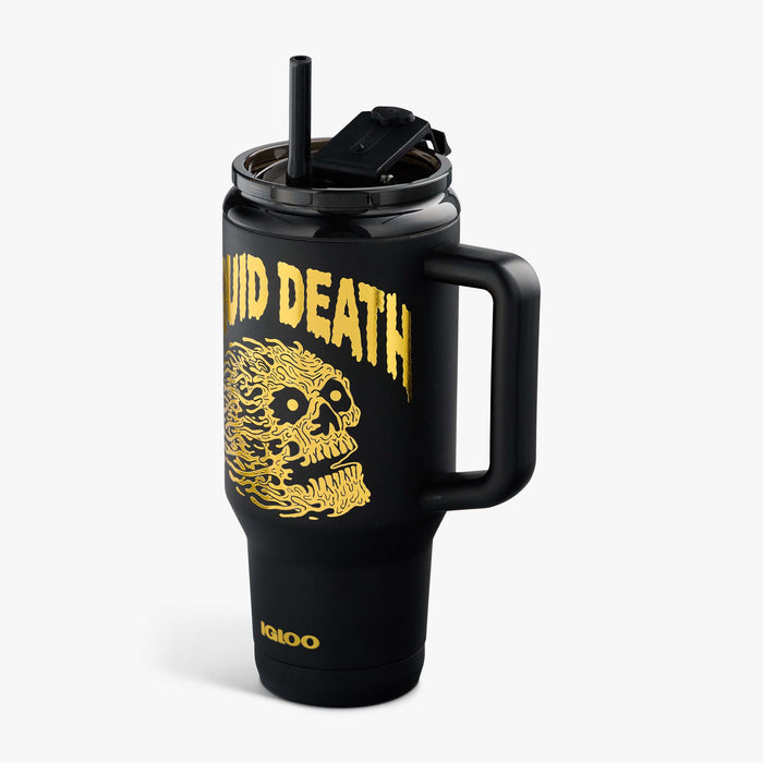 Angle View | Liquid Death 32 Oz Cold-Blooded Travel Mug::::Matte black body