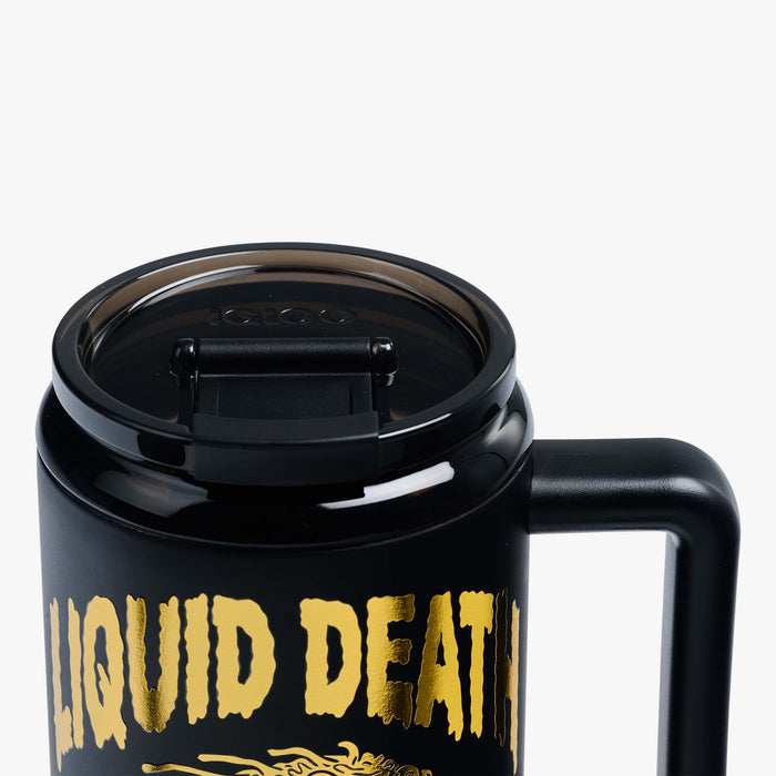 Lid Closed View | Liquid Death 32 Oz Cold-Blooded Travel Mug::::Leakproof lid & leak-resistant straw