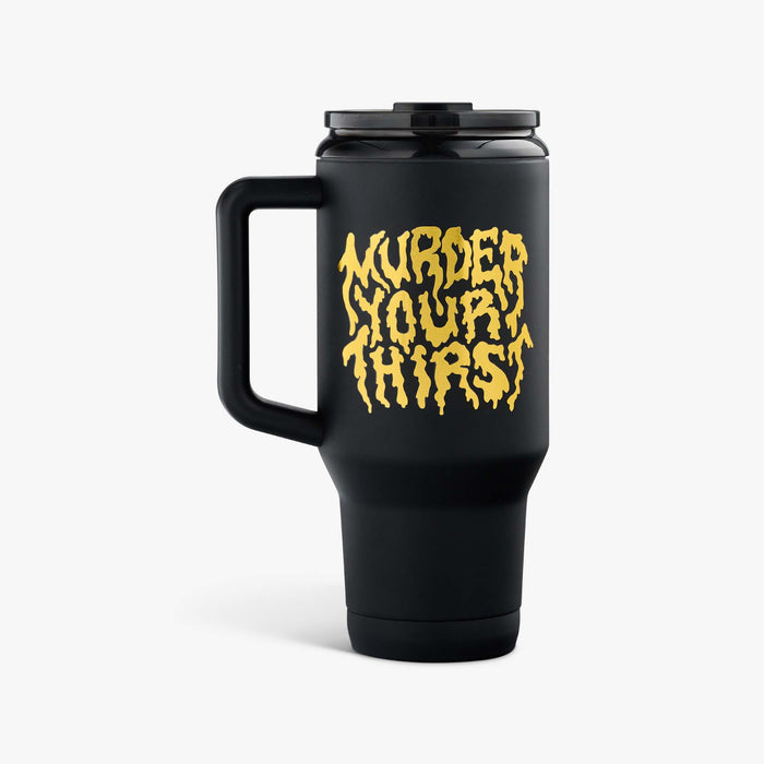 Back View | Liquid Death 32 Oz Cold-Blooded Travel Mug::::Side handle