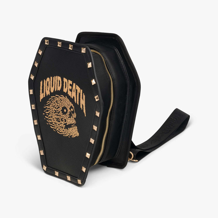 Angle View | Liquid Death Coffin Crossbody Cooler Bag::::Pebbled faux leather