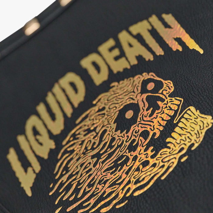 Details View | Liquid Death Coffin Crossbody Cooler Bag::::Metallic gold/iridescent artwork