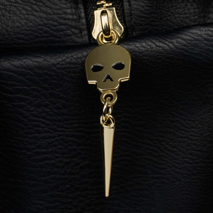 Zipper View | Liquid Death Coffin Crossbody Cooler Bag::::Skull & dagger zipper pulls