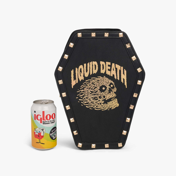 Size View | Liquid Death Coffin Crossbody Cooler Bag::::Fits up to 5 cans