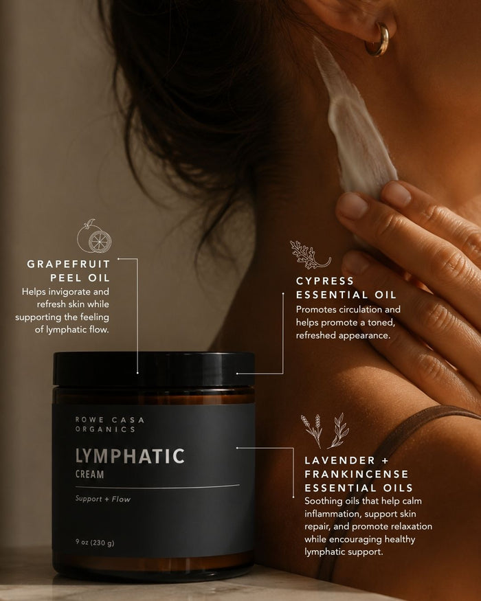Daily lymphatic massage with Lymphatic Massage Cream and grapefruit, cypress, lavender, and frankincense essential oils.