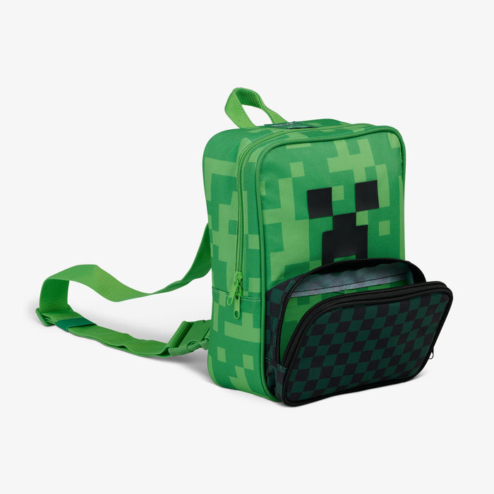 Angle View | Minecraft Creeper 8-Can Crossbody Cooler::::Storage pocket