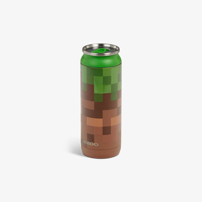 Angle View | Minecraft Grass Block 16 Oz Can::::Sliding mouth-opening tab
