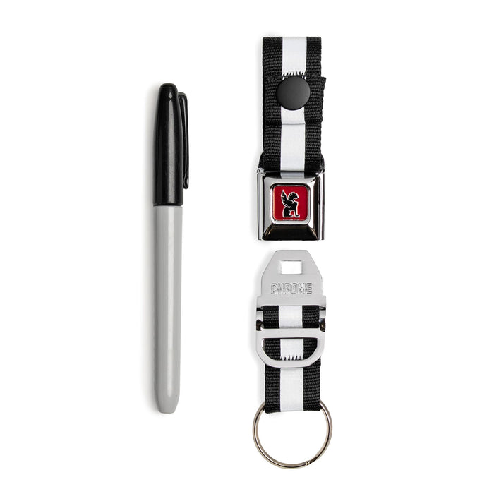 Our updated Mini Buckle Keychain in Chrome open shown by a sharpie for size #color_chrome