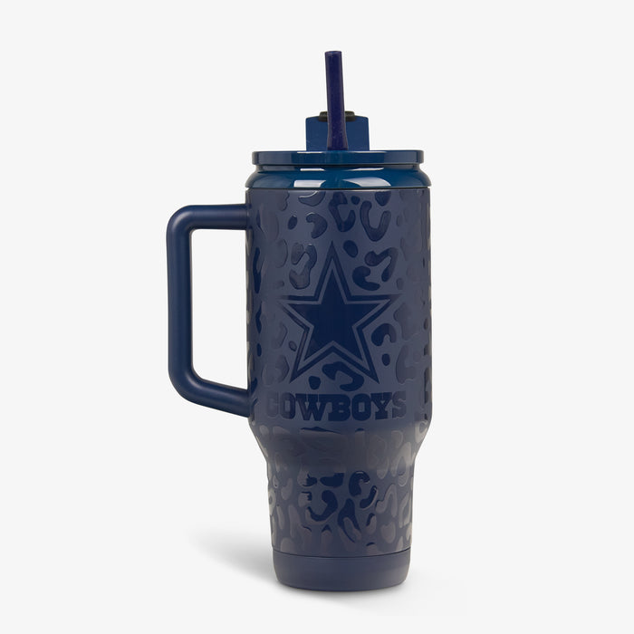 Front View | NFL 32 Oz Leopard Flip ‘n’ Sip Travel Mug::Cowboys::Glossy leopard print & team logo