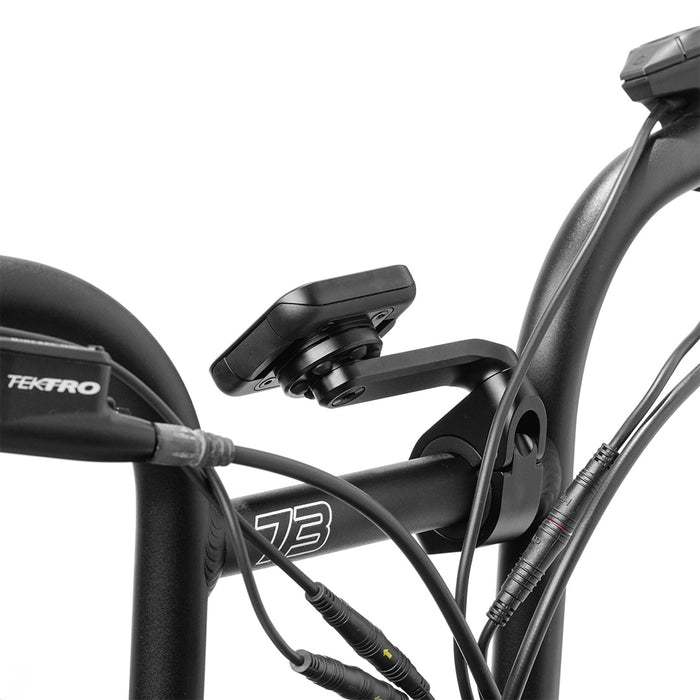 Close-up of the Out Front Bike Mount V2 installed on the handlebars of a SUPER73 ebike.