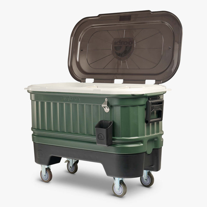 Angle View | Party Bar 125 Qt Cooler::Oil Green::Elevated base