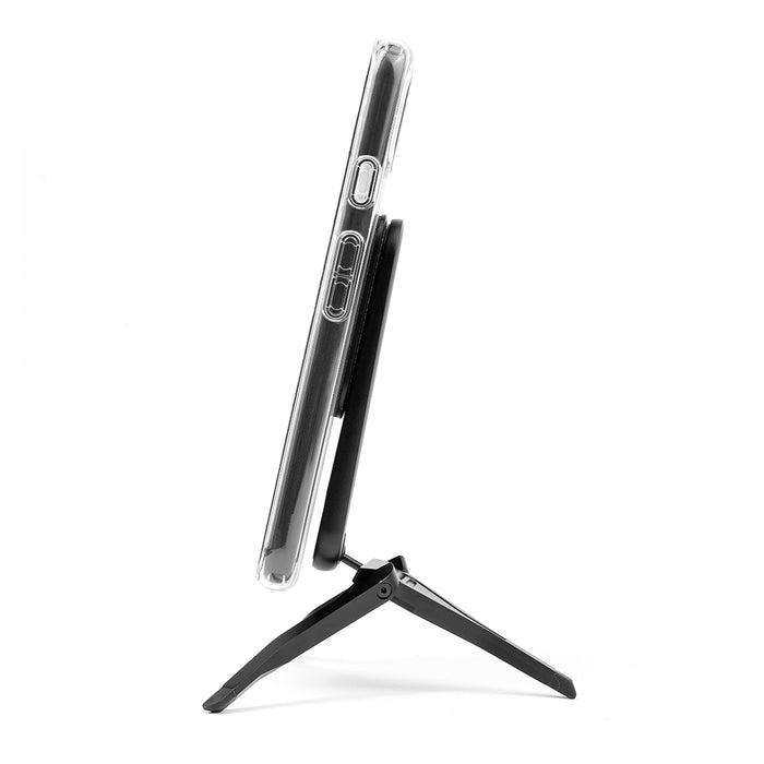 Side view of an iPhone attached to a small tripod using the Peak Design Universal Phone Adapter