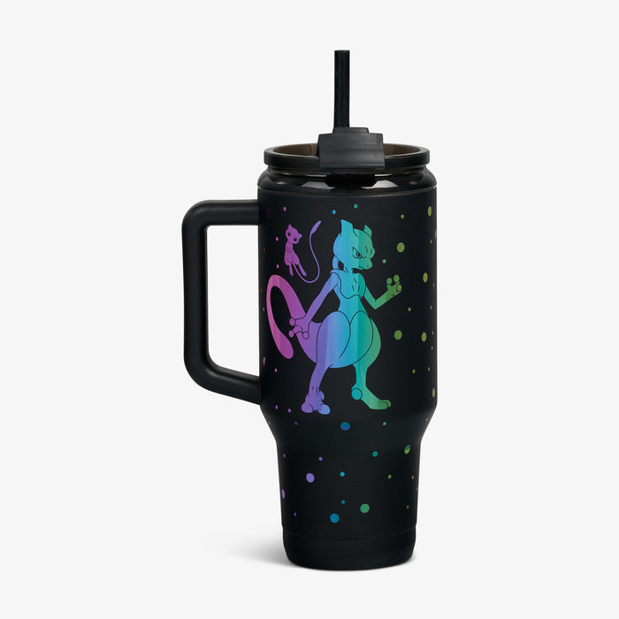 Back View | Pokémon Mew & Mewtwo 32 Oz Travel Mug::::Side handle