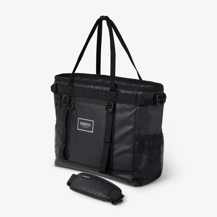 Angle View | Pursuit 30-Can Tote::Black::Lined front zipper pocket
