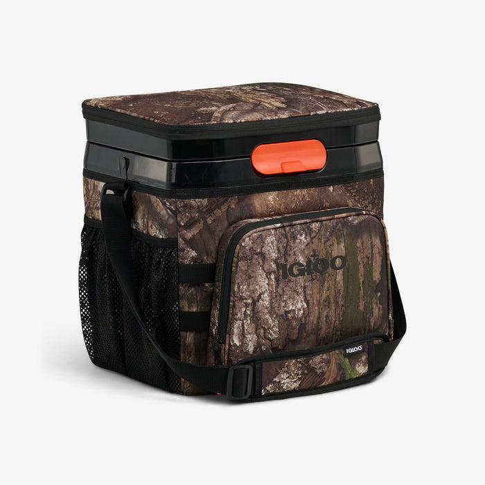 Angle View | Realtree APX® Cool Fusion 26-Can Cooler Bag::::Zipper-free latch system