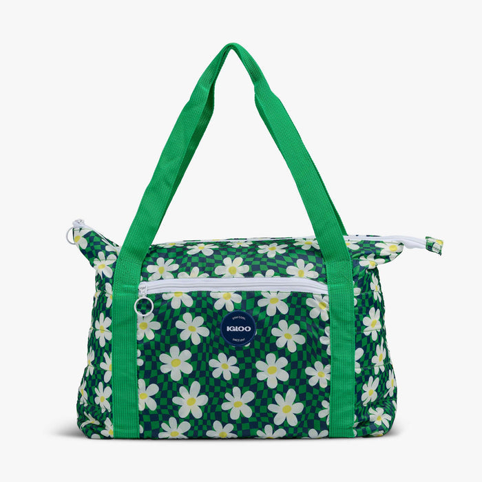 Front View | Retro Packable Puffer 20-Can Cooler Bag::Psychedelic Daisy::Retro colors