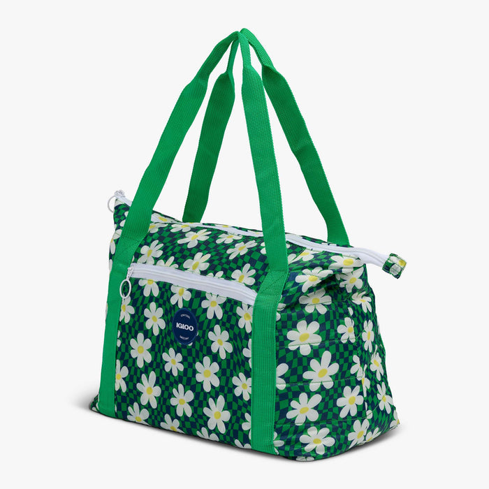 Angle View | Retro Packable Puffer 20-Can Cooler Bag::Psychedelic Daisy::Compressible design