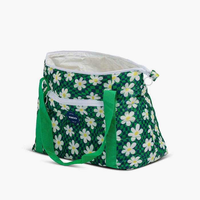 Open View | Retro Packable Puffer 20-Can Cooler Bag::Psychedelic Daisy::Made with recycled polyester