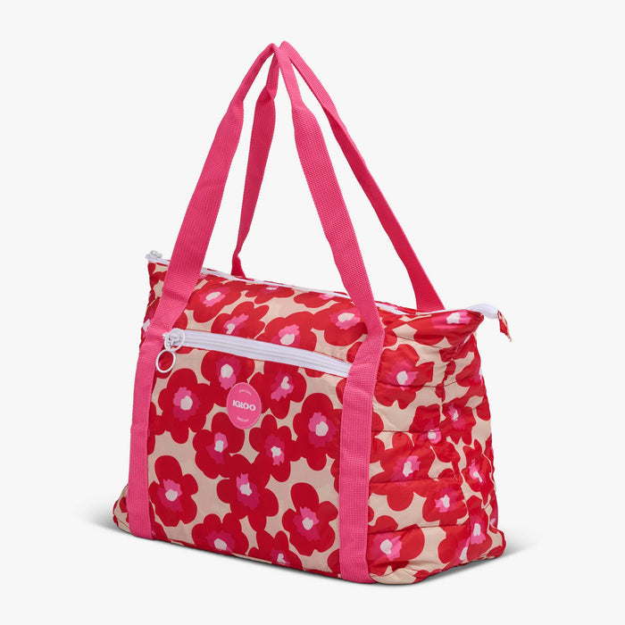 Angle View | Retro Packable Puffer 20-Can Cooler Bag::Mod Floral::Compressible design