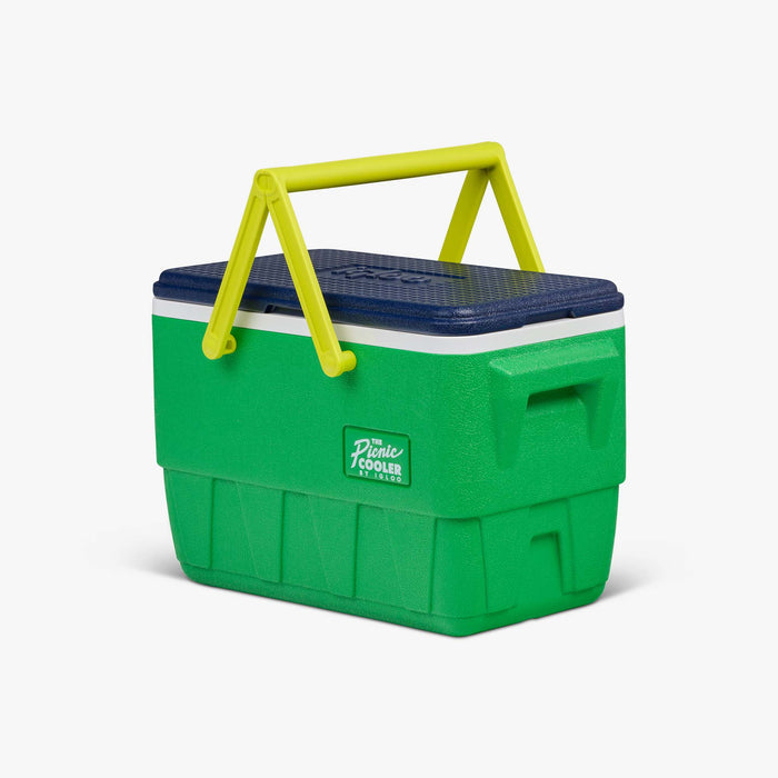 Angle View | Retro Picnic Basket 25 Qt Cooler::Whistle Green::Molded-in side handles