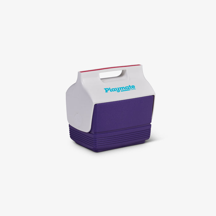 Angle View | Retro Limited Edition Playmate Mini 4 Qt Cooler::Purple::Trademarked tent-top design