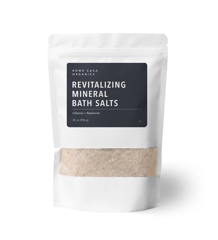 Rowe Casa Organics Revitalizing Mineral Bath Salts, natural detox bath salts with Epsom salt for a relaxing bath soak.