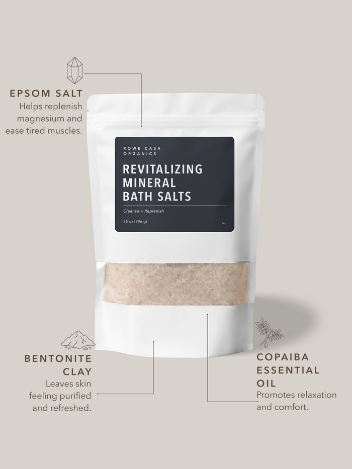 Natural detox bath salts with Epsom salt, bentonite clay, and copaiba essential oil for a relaxing, replenishing bath soak.