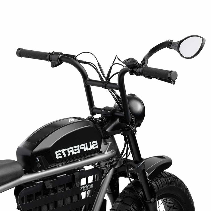 Far-out view of the BiKASE right-hand handlebar mirror installed on a SUPER73-S2 ebike
