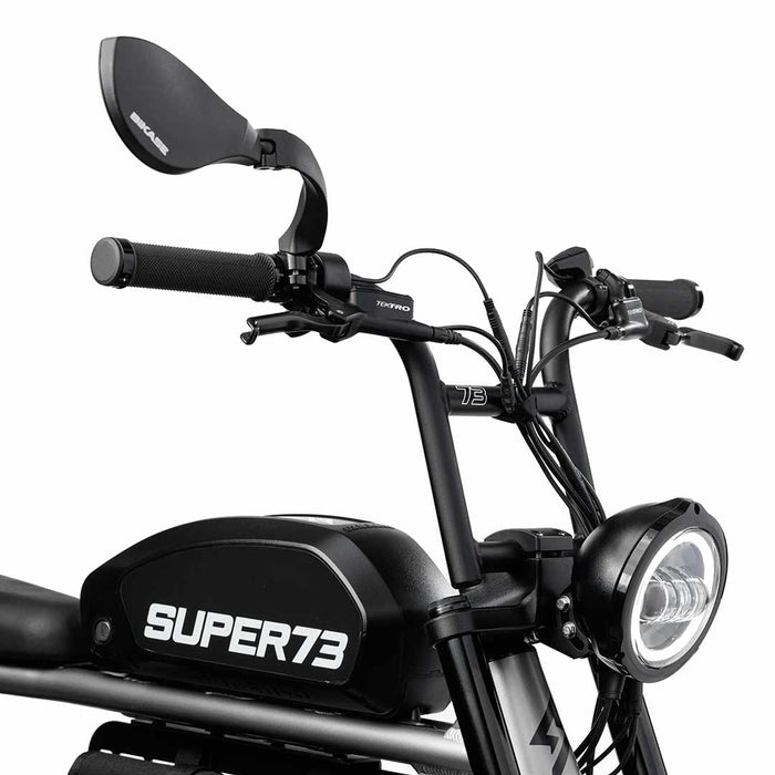 Back view of the BiKASE right-hand handlebar mirror installed on a SUPER73-S2 ebike