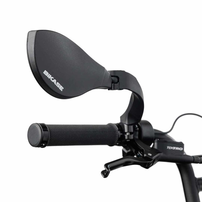 Close-up of the back of a BiKASE right-hand handlebar mirror, installed on a SUPER73-S2 ebike