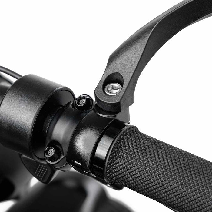 Close-up of the hardware and installation point of the BiKASE right-hand handlebar mirror