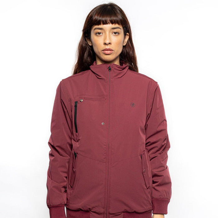 Female model wearing Royce Harrington Jacket in burgundy colorway. @color_burgundy