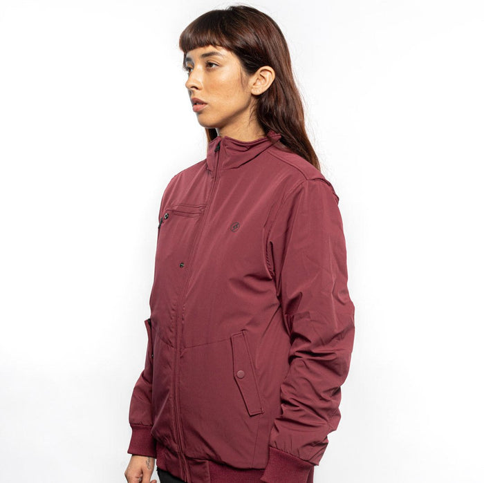 Female model wearing Royce Harrington Jacket in burgundy colorway. @color_burgundy
