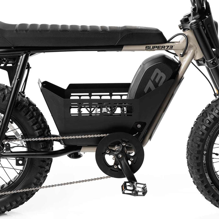 Close-up of the S-Series In-Frame Basket installed on a SUPER73-S Adventure