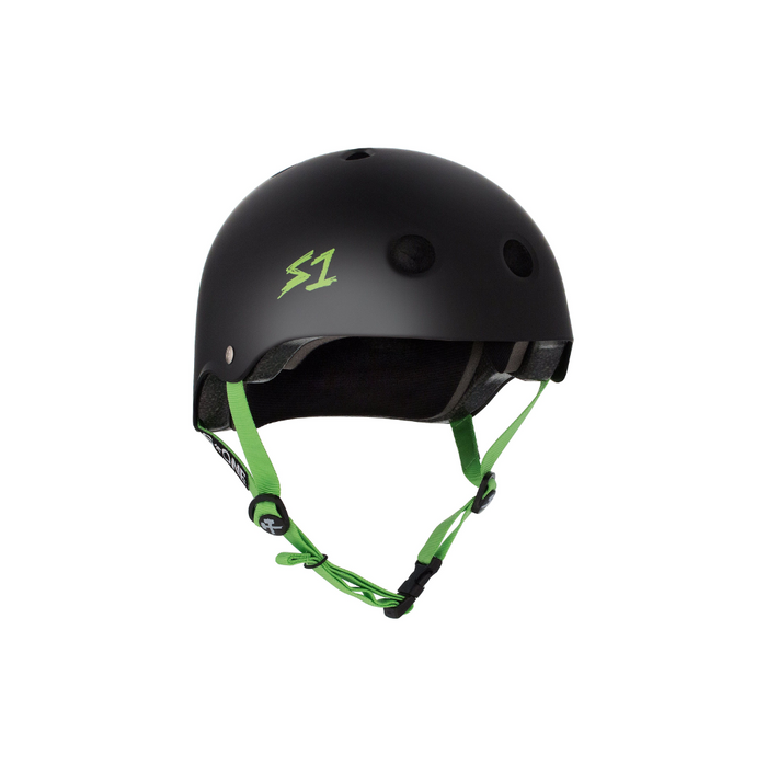 Slight side view of the S1 helmet in matte black with bright green straps on a white background @color_black matte w/ bright green straps
