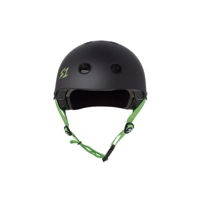 Front view of the S1 helmet in matte black with bright green straps on a white background @color_black matte w/ bright green straps
